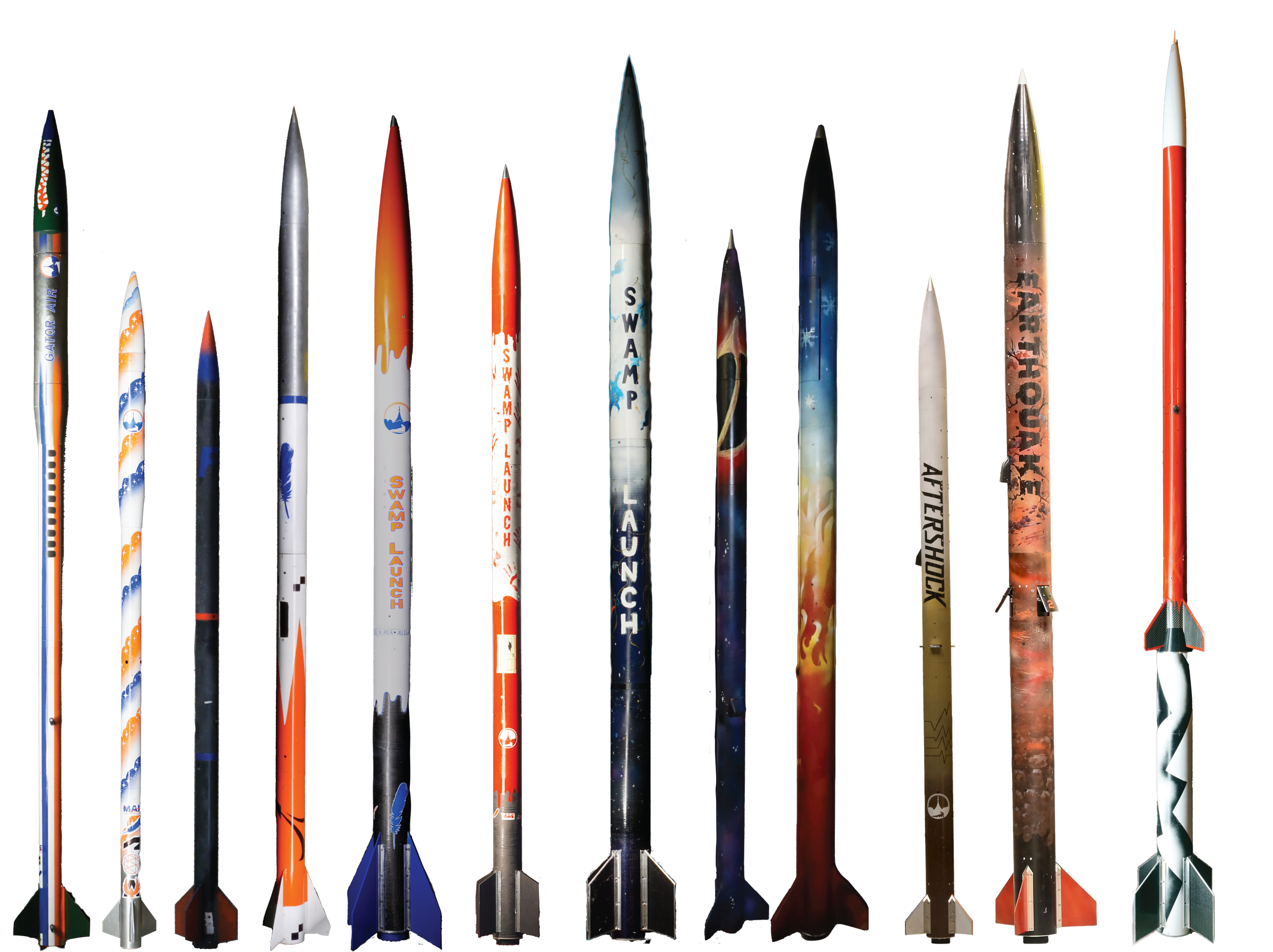The Swamp Launch rocket garden — every vehicle the team has flown